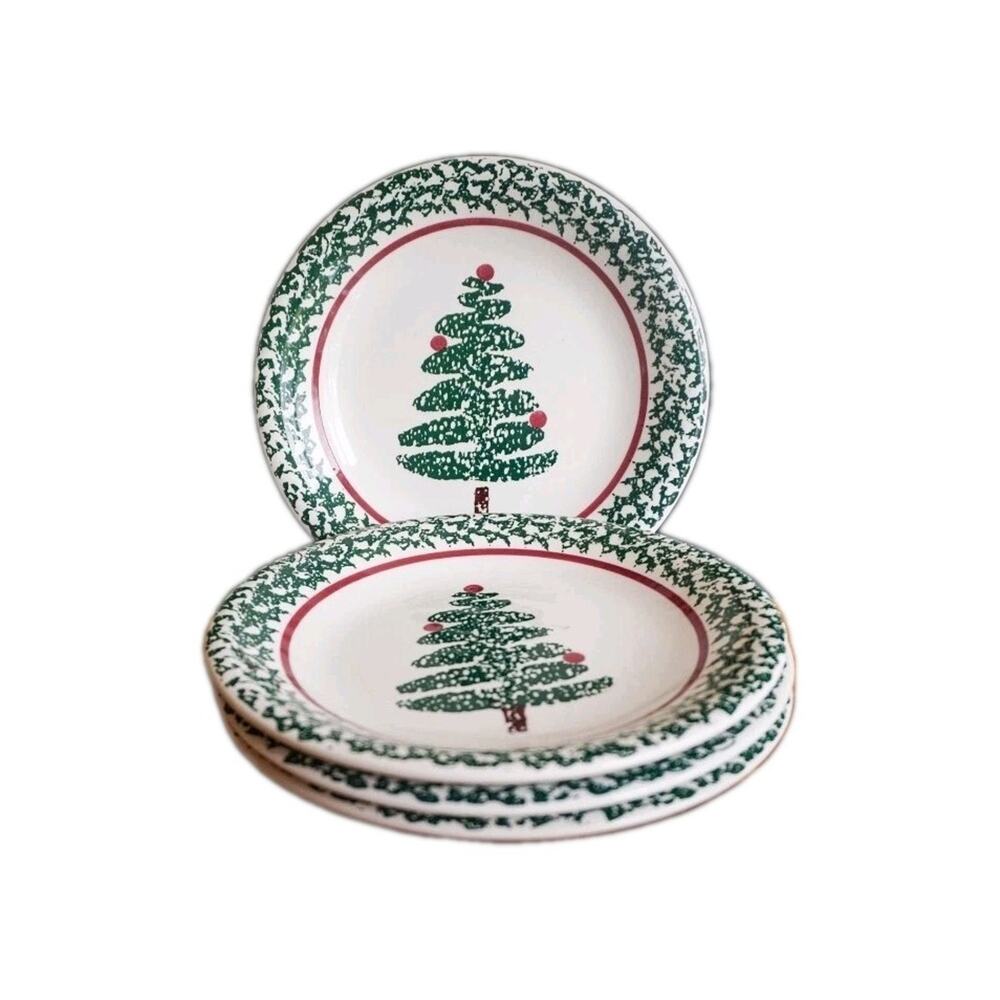 NEW! Furio Italy Salad/Dessert Plate Set Of 4 Spongeware Christmas Tree 8" Gift